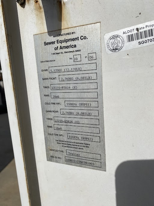 2006 SEWER EQUIPMENT COMPANY OF AMERICA 747-FR 2000 TRAILER JETTER WO-4003